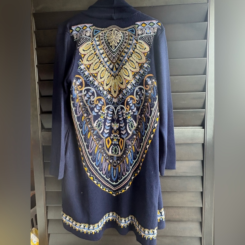 Soft Surroundings Petite XL Navy Blue Embroidered Beaded Open Long Cardigan